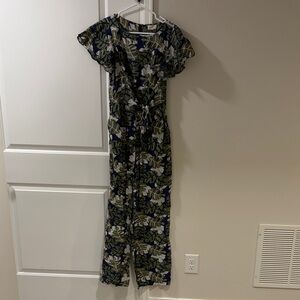 MELLODAY Leaf Print Jumpsuit - Green and Blue